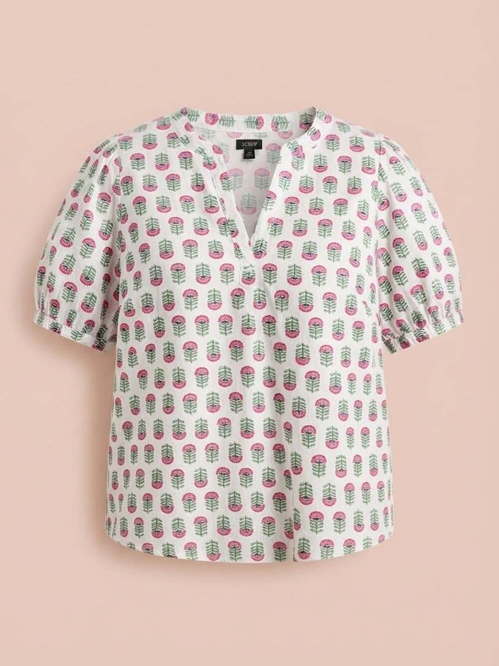 J. Crew Girls' White Short Sleeve Blouse with Pink & Green Floral Motif XXL